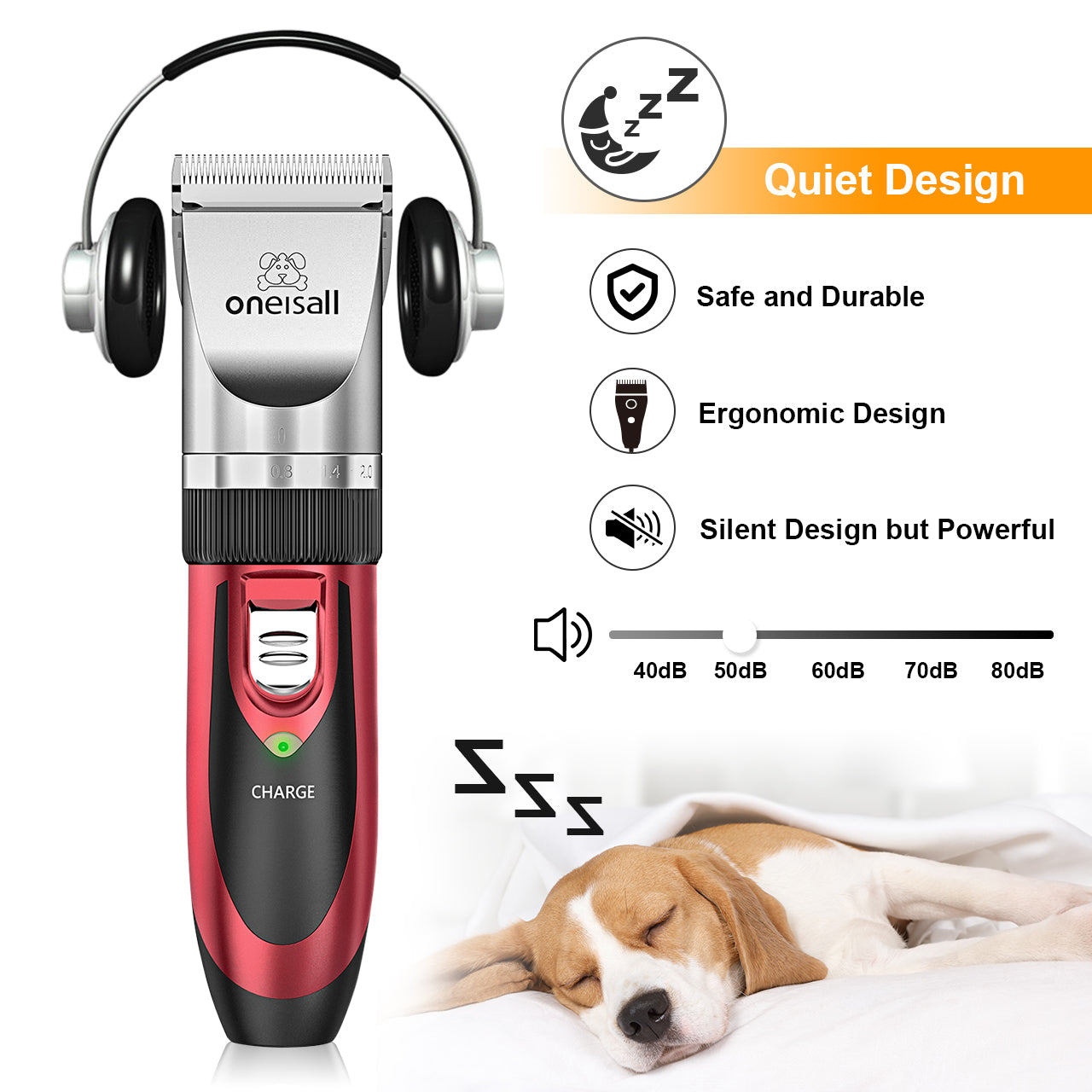 Oneisall Pet Clippers Electric, Low Noise Dog Grooming Kit, Rechargeable Cordless Dog Clippers for Grooming, Hair Clippers Set for Dogs Cats Pets - Red