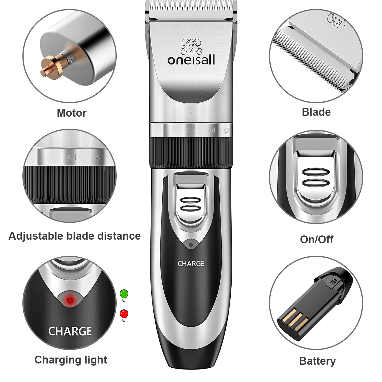 Oneisall Pet Clippers Electric, Low Noise Dog Grooming Kit, Rechargeable Cordless Dog Clippers for Grooming, Hair Clippers Set for Dogs Cats Pets - Silver