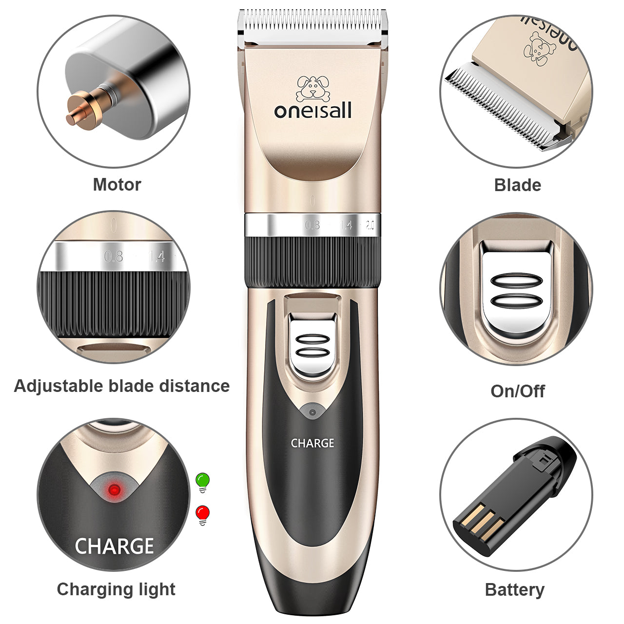 Oneisall Pet Clippers Electric, Low Noise Dog Grooming Kit, Rechargeable Cordless Dog Clippers for Grooming, Hair Clippers Set for Dogs Cats Pets - Gold