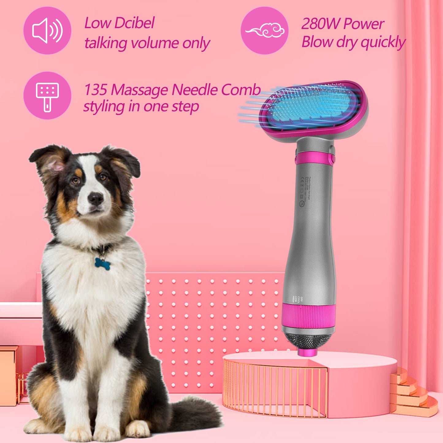 Oneisall 2022 Upgraded Quiet Pet Hair Dryer, 360° Dog Dryer & Dog Brush & Dog Grooming Kit, 2 Heat Settings & 3 Adjustable Blowing Dryer, Pet Supplies for Small, Medium and Large Dogs and Cat - Rose