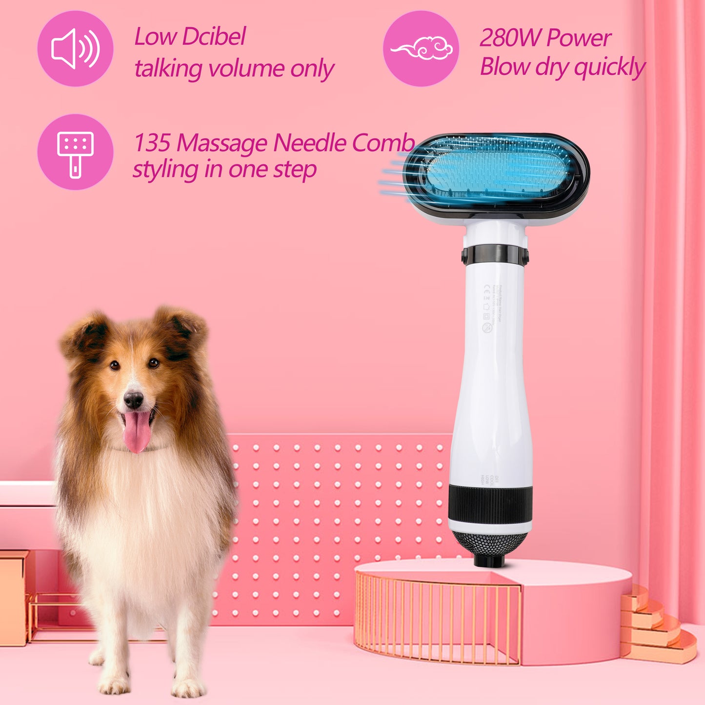 Oneisall 2022 Upgraded Quiet Pet Hair Dryer, 360° Dog Dryer & Dog Brush & Dog Grooming Kit, 2 Heat Settings & 3 Adjustable Blowing Dryer, Pet Supplies for Small, Medium and Large Dogs and Cat - White