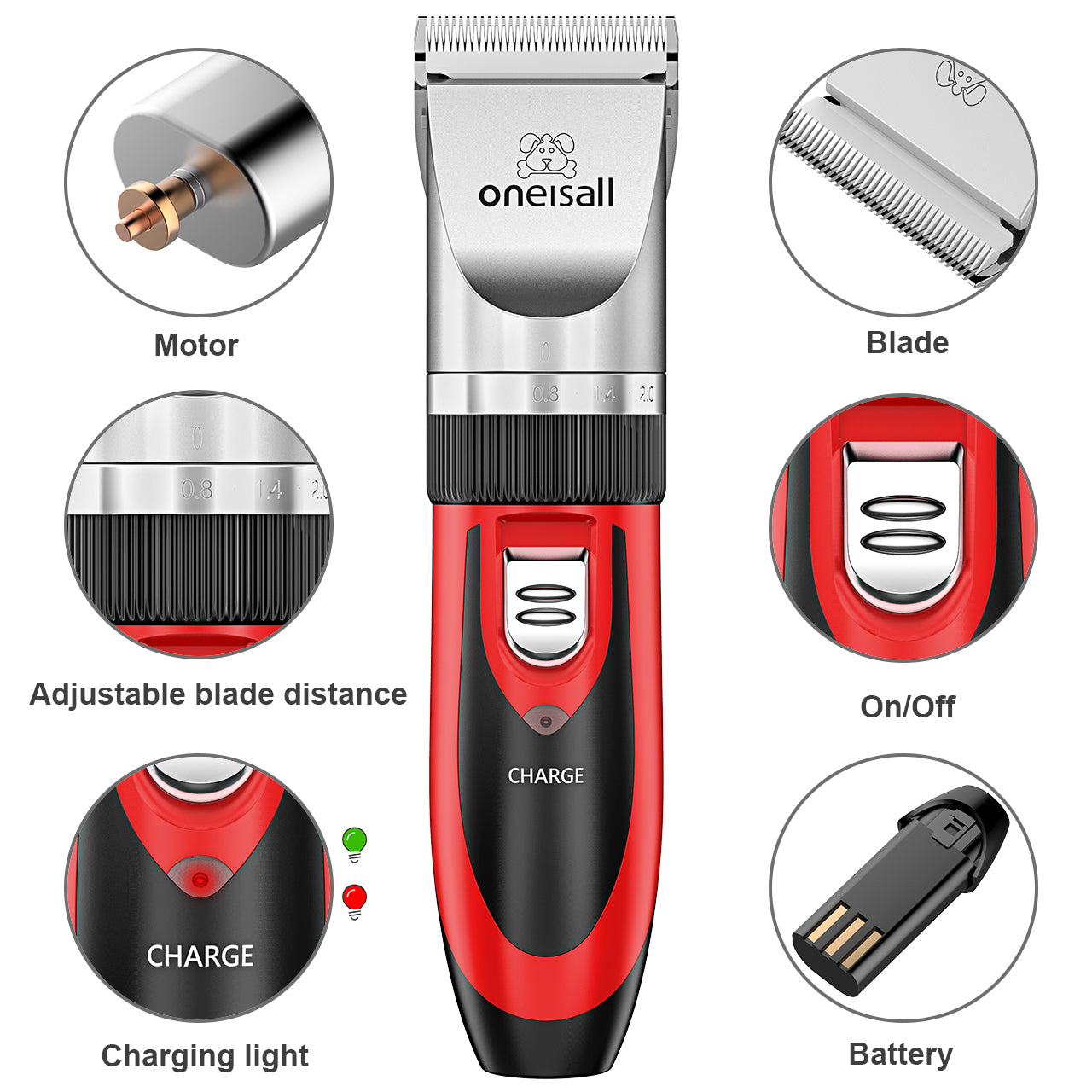 Oneisall Pet Clippers Electric, Low Noise Dog Grooming Kit, Rechargeable Cordless Dog Clippers for Grooming, Hair Clippers Set for Dogs Cats Pets - Red