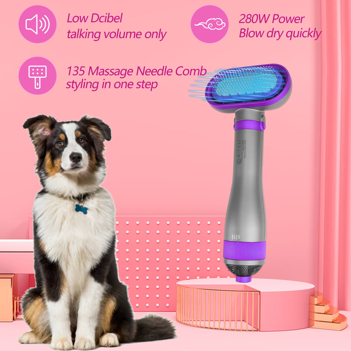 Oneisall 2022 Upgraded Quiet Pet Hair Dryer, 360° Dog Dryer & Dog Brush & Dog Grooming Kit, 2 Heat Settings & 3 Adjustable Blowing Dryer, Pet Supplies for Small, Medium and Large Dogs and Cat - Purple