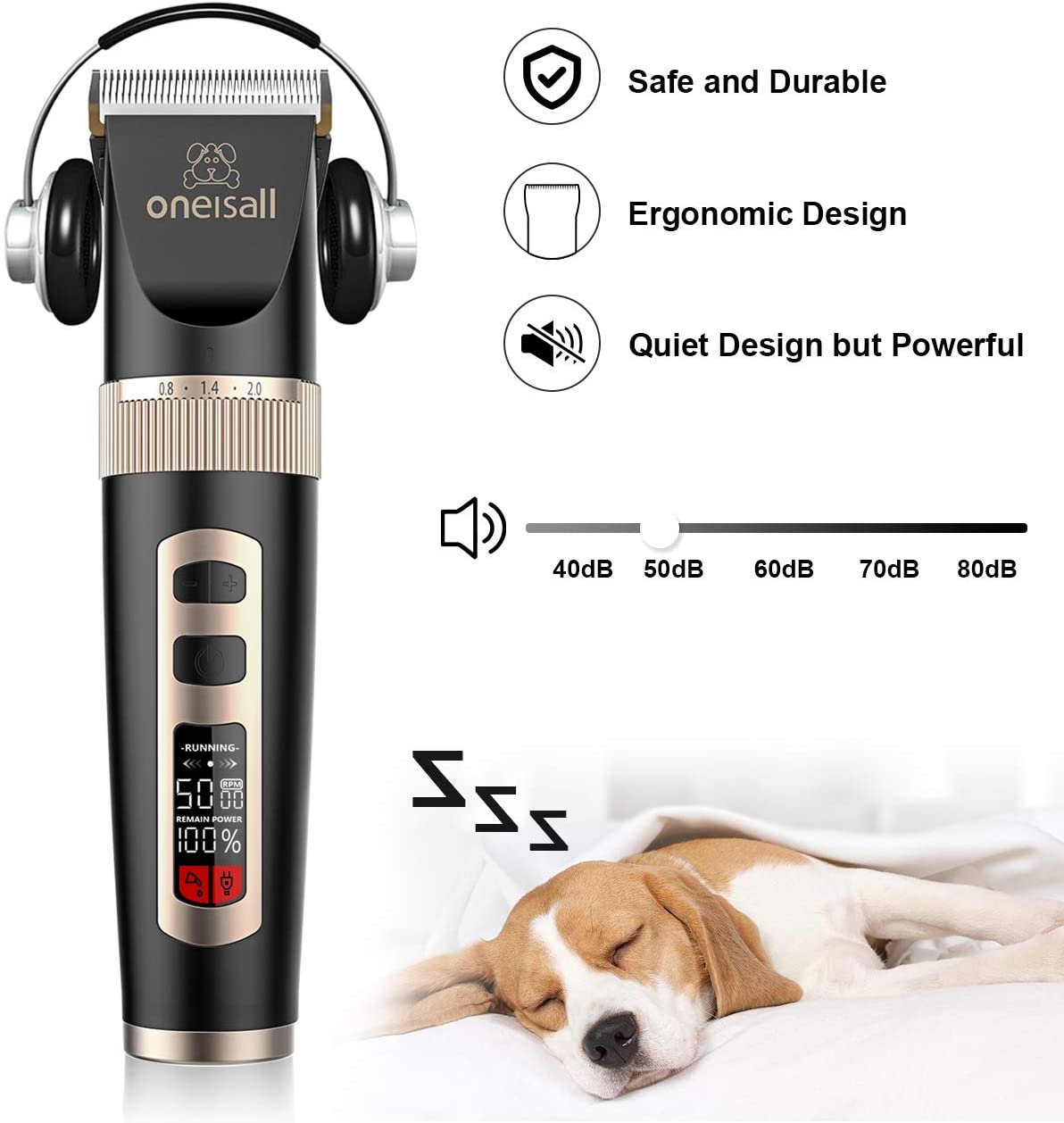 Oneisall Quiet Dog Grooming Kit, 3-Speed 2000mAh Rechargeable Pet Clippers Electric, Cordless Dog Clippers for Small Medium Large Dogs Cats