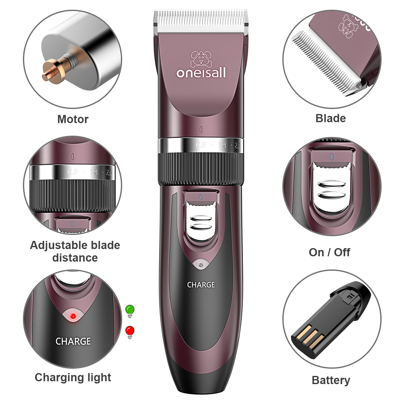 Oneisall Pet Clippers Electric, Low Noise Dog Grooming Kit, Rechargeable Cordless Dog Clippers for Grooming, Hair Clippers Set for Dogs Cats Pets - Rose(dark)