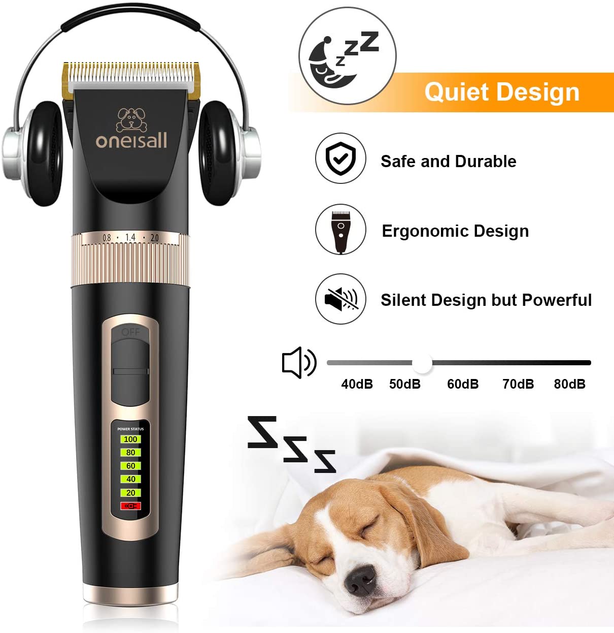 Oneisall Professional Dog Grooming Kit, 2-Speed Quiet Rechargeable Cordless Pet Grooming Hair Clippers Set for Small Medium Large Dogs & Cats - Black