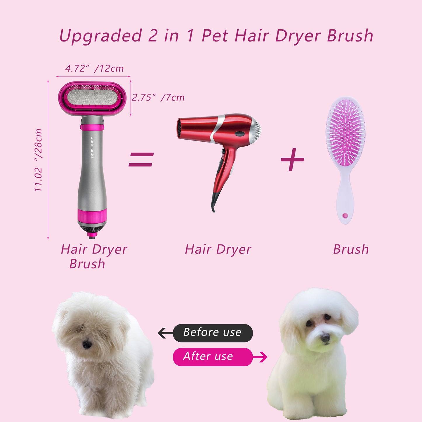 Oneisall 2022 Upgraded Quiet Pet Hair Dryer, 360° Dog Dryer & Dog Brush & Dog Grooming Kit, 2 Heat Settings & 3 Adjustable Blowing Dryer, Pet Supplies for Small, Medium and Large Dogs and Cat - Rose