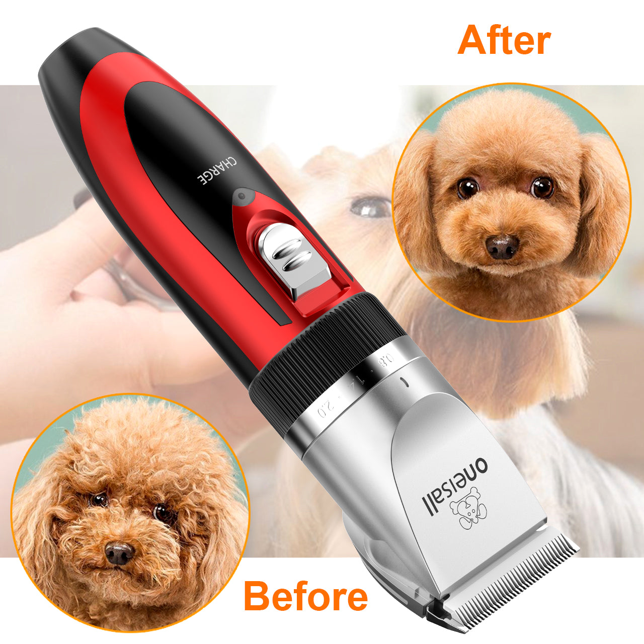 Oneisall Pet Clippers Electric, Low Noise Dog Grooming Kit, Rechargeable Cordless Dog Clippers for Grooming, Hair Clippers Set for Dogs Cats Pets - Red