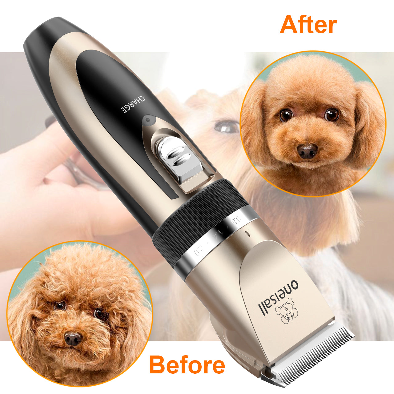 Oneisall Pet Clippers Electric, Low Noise Dog Grooming Kit, Rechargeable Cordless Dog Clippers for Grooming, Hair Clippers Set for Dogs Cats Pets - Gold