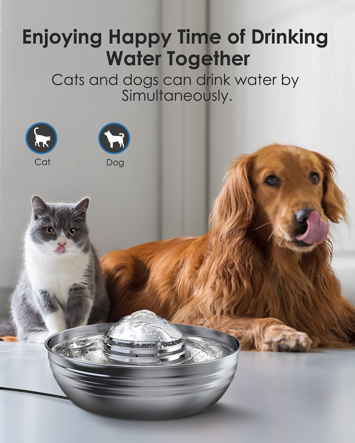 Oneisall Cat Water Fountain Stainless Steel, 2L/67oz Multi-Pet Water Fountain, Dog Water Fountain with Ultra-Quiet Pump & Dishwasher Safe Design, Automatic Pet Drinking Fountain & 5 Filters for Cats