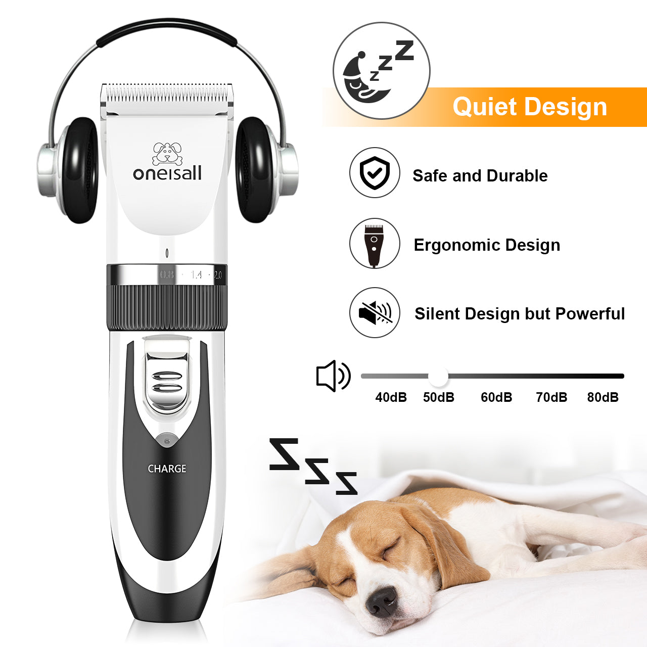 Oneisall Pet Clippers Electric, Low Noise Dog Grooming Kit, Rechargeable Cordless Dog Clippers for Grooming, Hair Clippers Set for Dogs Cats Pets - White