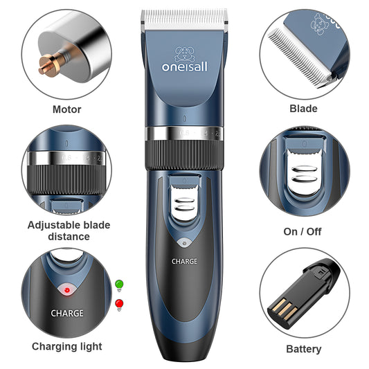 Oneisall Pet Clippers Electric, Low Noise Dog Grooming Kit, Rechargeable Cordless Dog Clippers for Grooming, Hair Clippers Set for Dogs Cats Pets - Navy