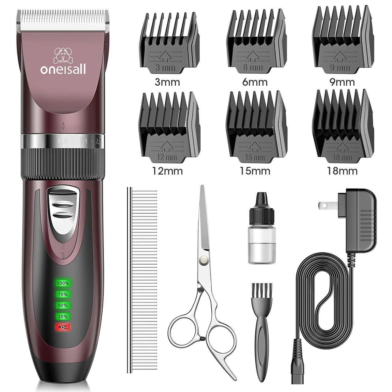 Oneisall Dog Clippers 50db Low Noise, 2-Speed Quiet Dog Grooming Kit Rechargeable Cordless Pet Hair Clipper Trimmer Shaver for Small and Large Dogs Cats Animals - Rose(dark)