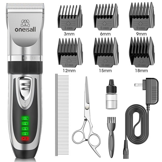 Oneisall Dog Clippers 50db Low Noise, 2-Speed Quiet Dog Grooming Kit Rechargeable Cordless Pet Hair Clipper Trimmer Shaver for Small and Large Dogs Cats Animals - Silver